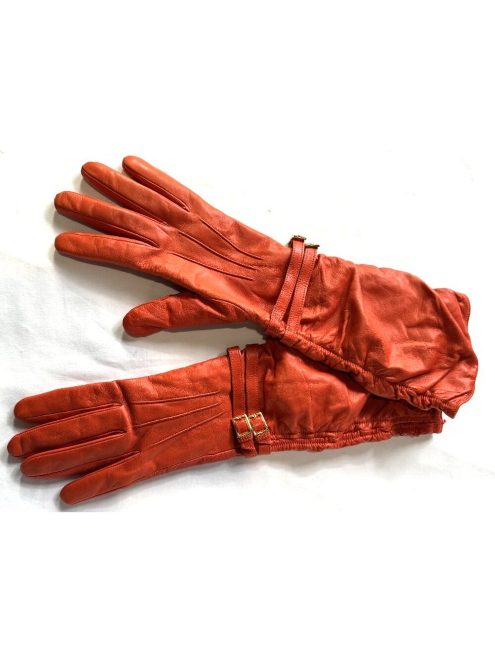 Vintage 90s Genuine Orange Leather Cashmere Lined Opera Long Elbow Gloves Buckle